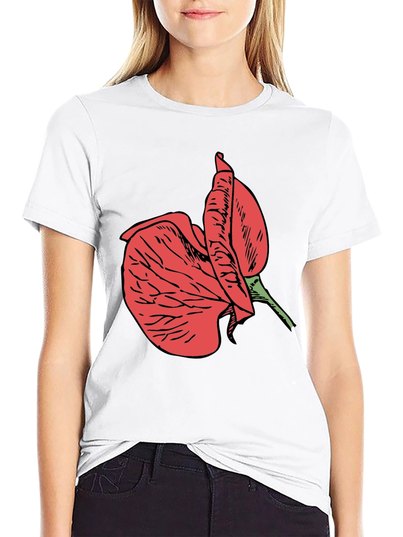 Black T-Shirt with Red Flower Design