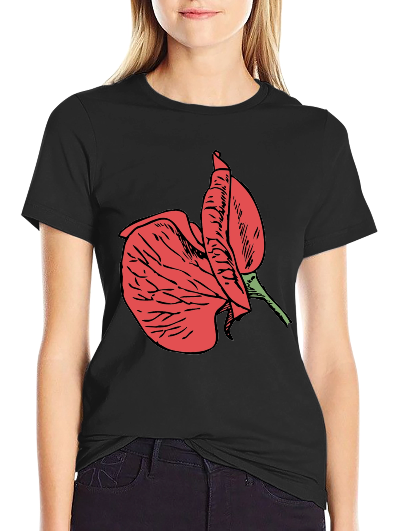 Black T-Shirt with Red Flower Design