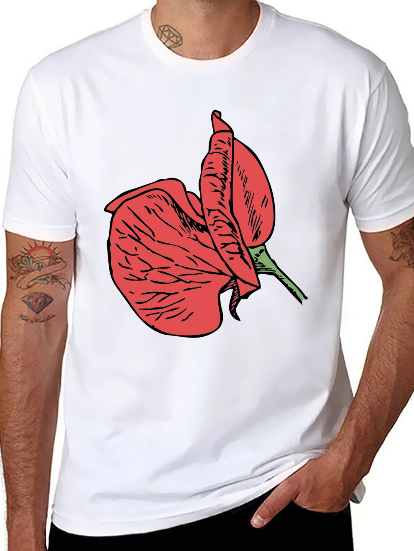 Black T-Shirt with Red Flower Design