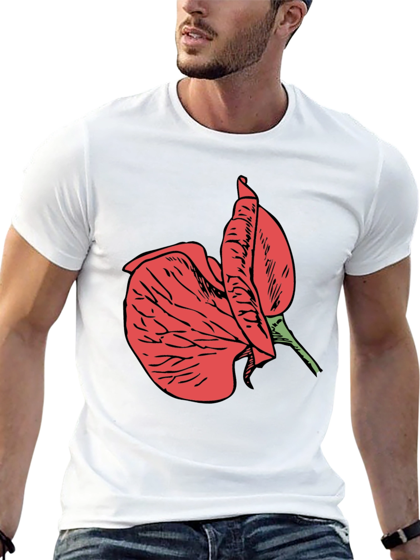 Black T-Shirt with Red Flower Design
