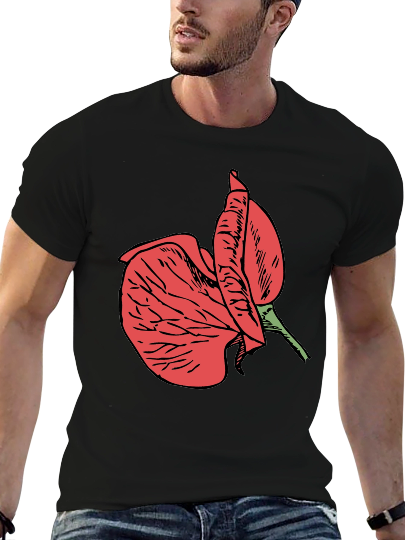 Black T-Shirt with Red Flower Design