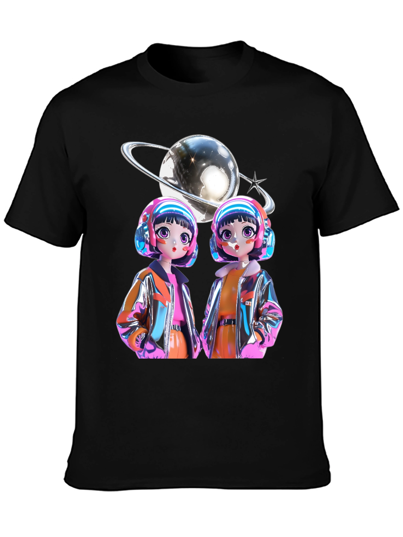 Retro Anime Twins Graphic Tee - Black Cotton T-Shirt