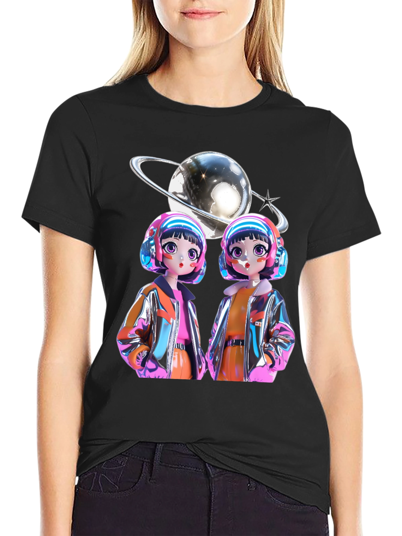 Retro Anime Twins Graphic Tee - Black Cotton T-Shirt