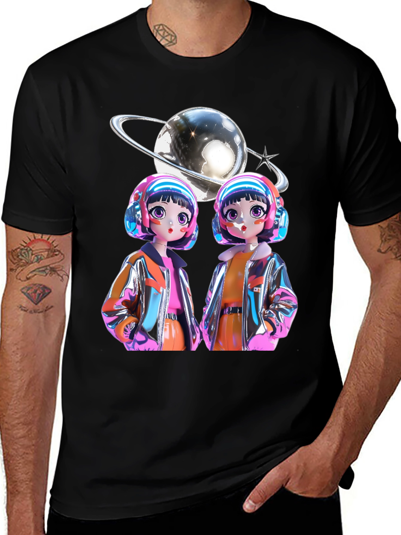 Retro Anime Twins Graphic Tee - Black Cotton T-Shirt