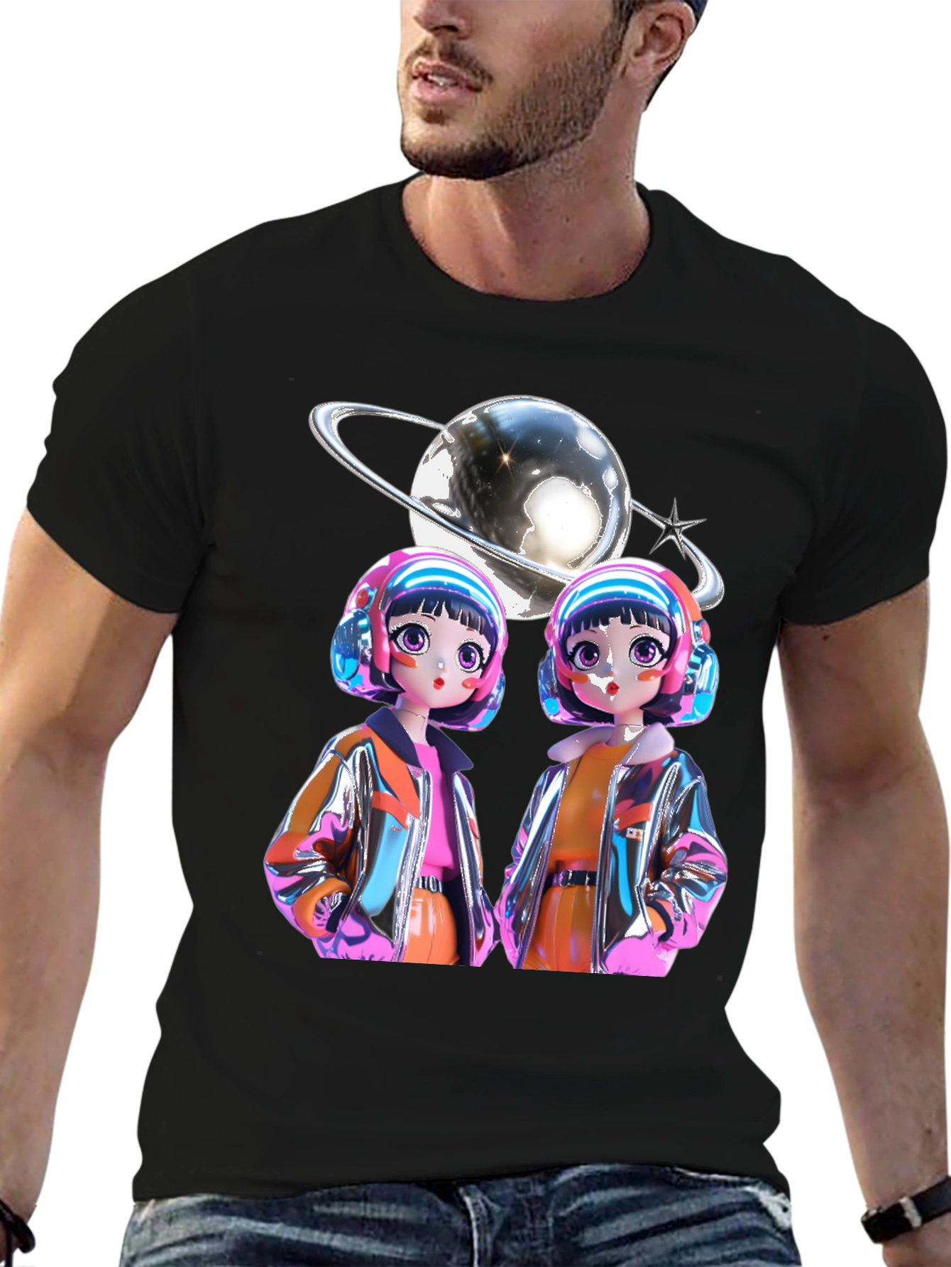 Retro Anime Twins Graphic Tee - Black Cotton T-Shirt