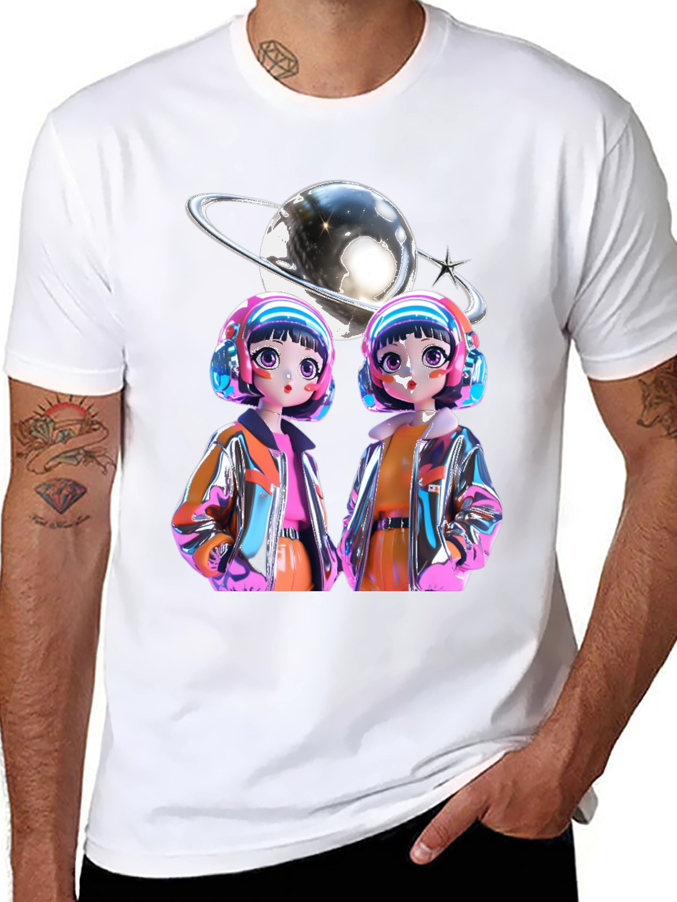 Retro Anime Twins Graphic Tee - Black Cotton T-Shirt
