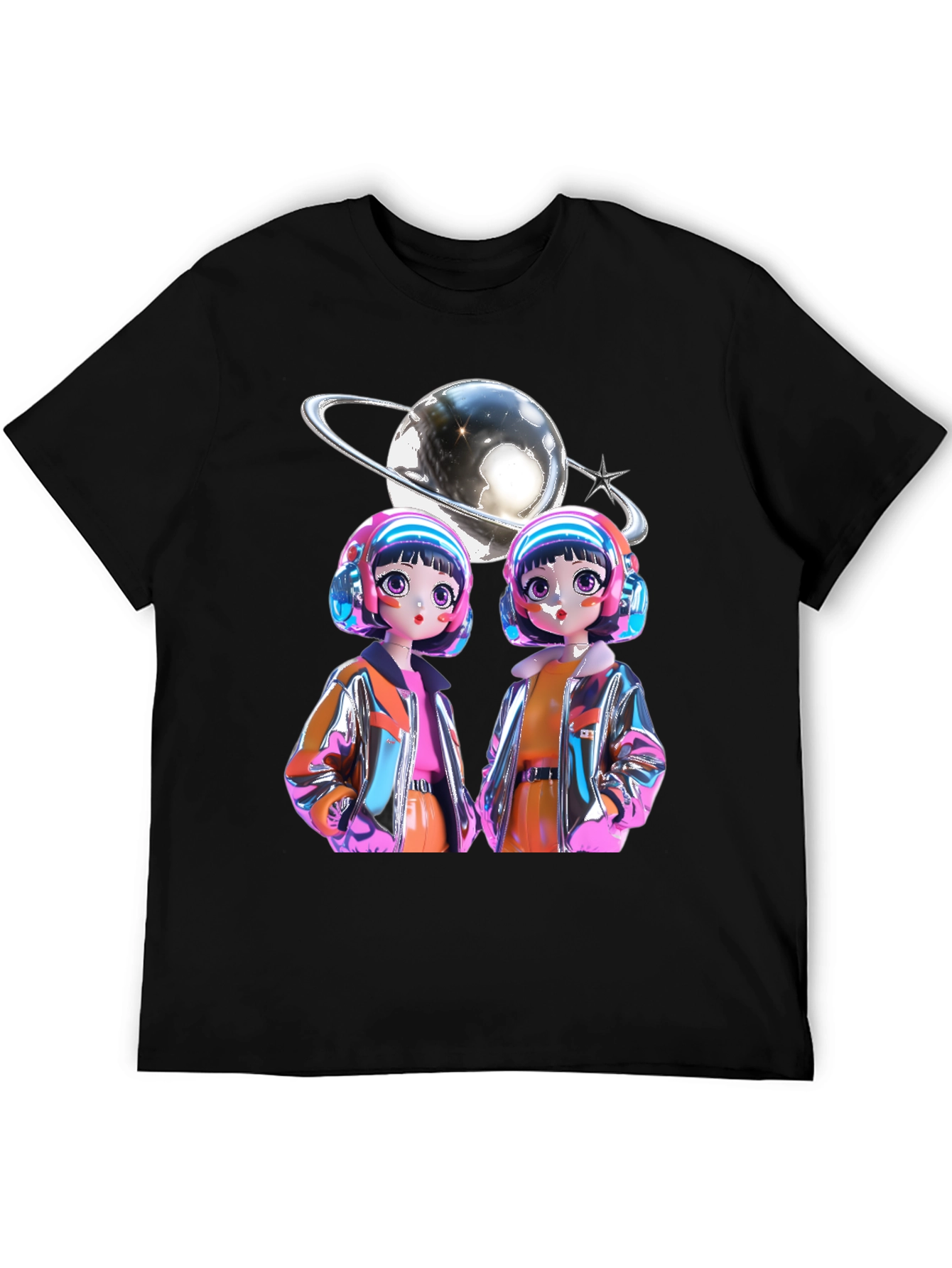 Retro Anime Twins Graphic Tee - Black Cotton T-Shirt