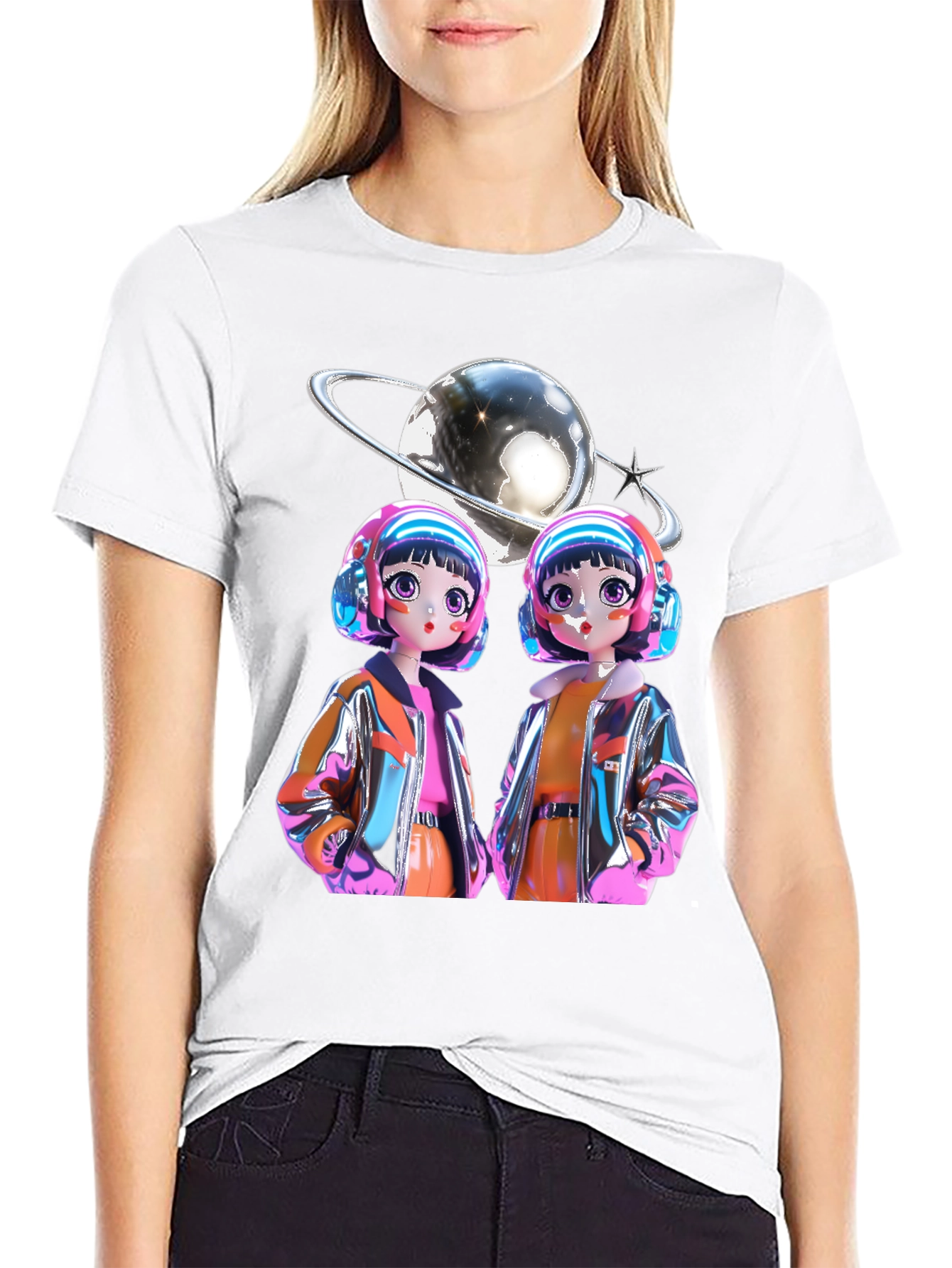 Retro Anime Twins Graphic Tee - Black Cotton T-Shirt