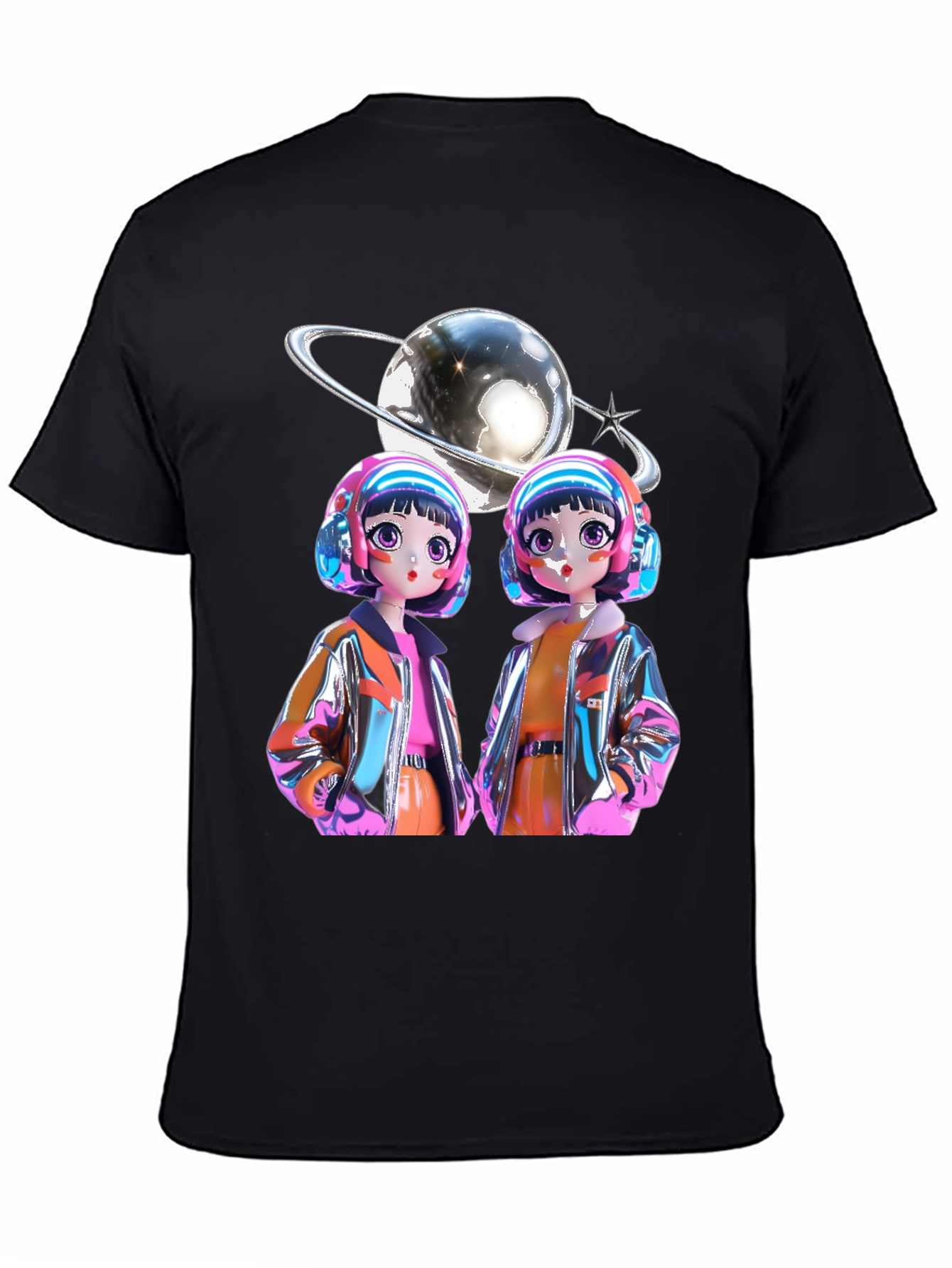 Retro Anime Twins Graphic Tee - Black Cotton T-Shirt