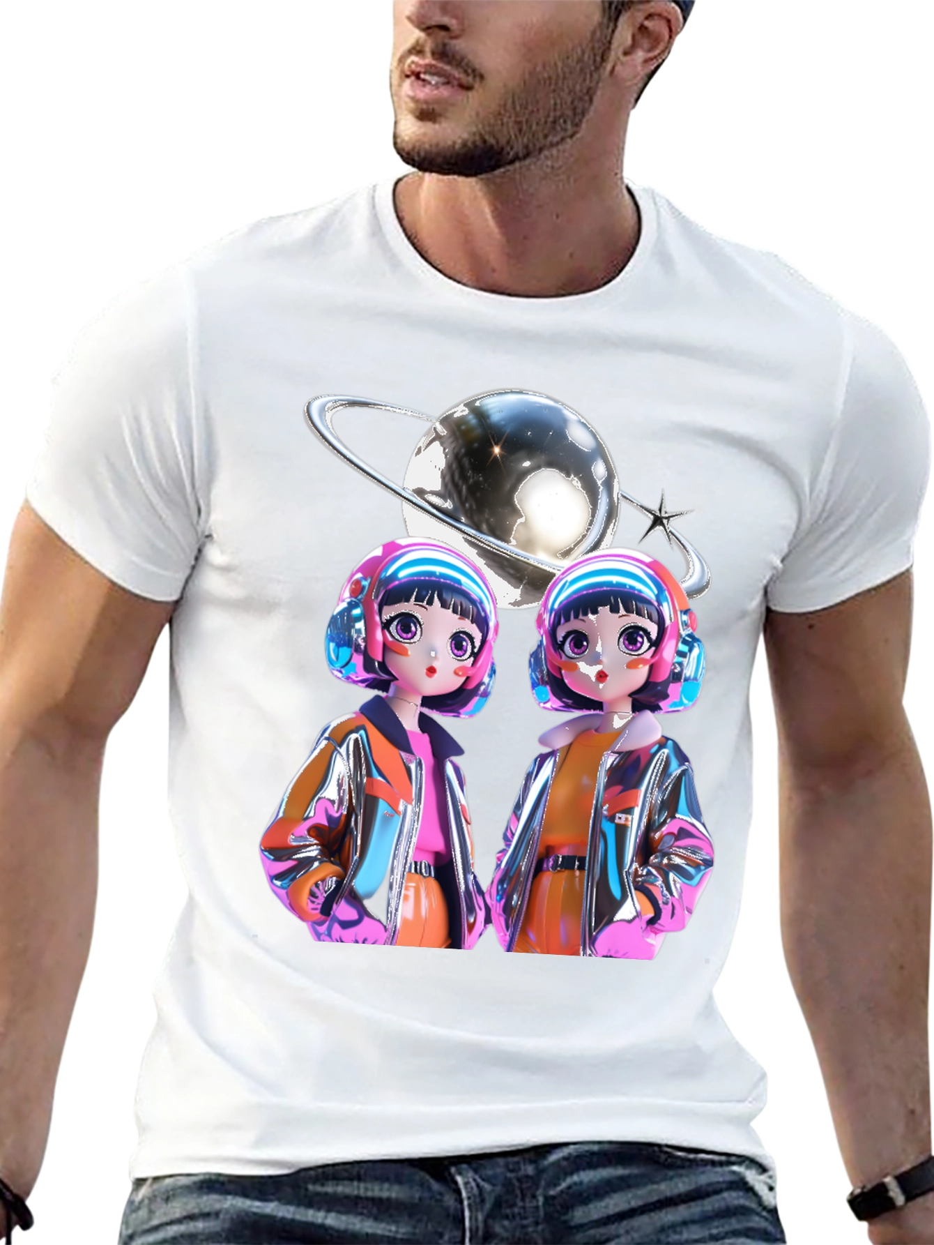 Retro Anime Twins Graphic Tee - Black Cotton T-Shirt
