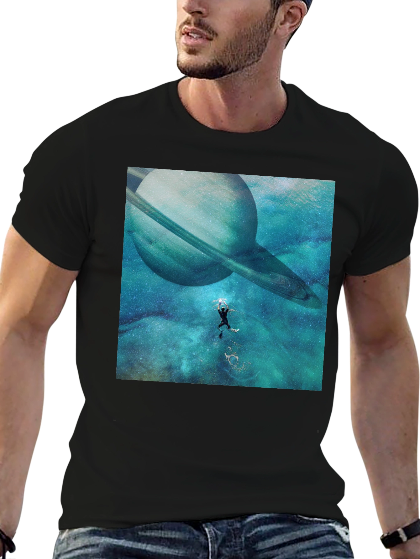 Saturn Space Diver Black Tee - Unique Graphic