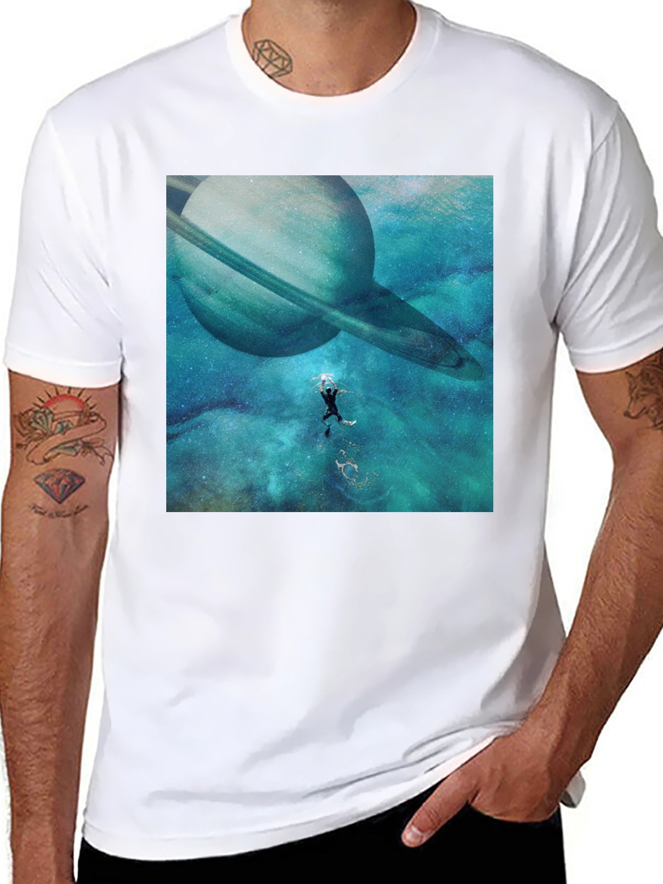 Saturn Space Diver Black Tee - Unique Graphic