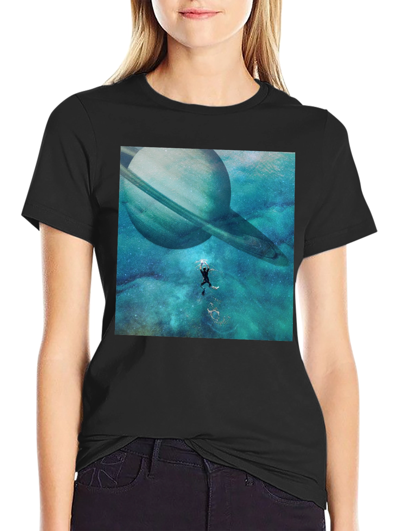 Saturn Space Diver Black Tee - Unique Graphic