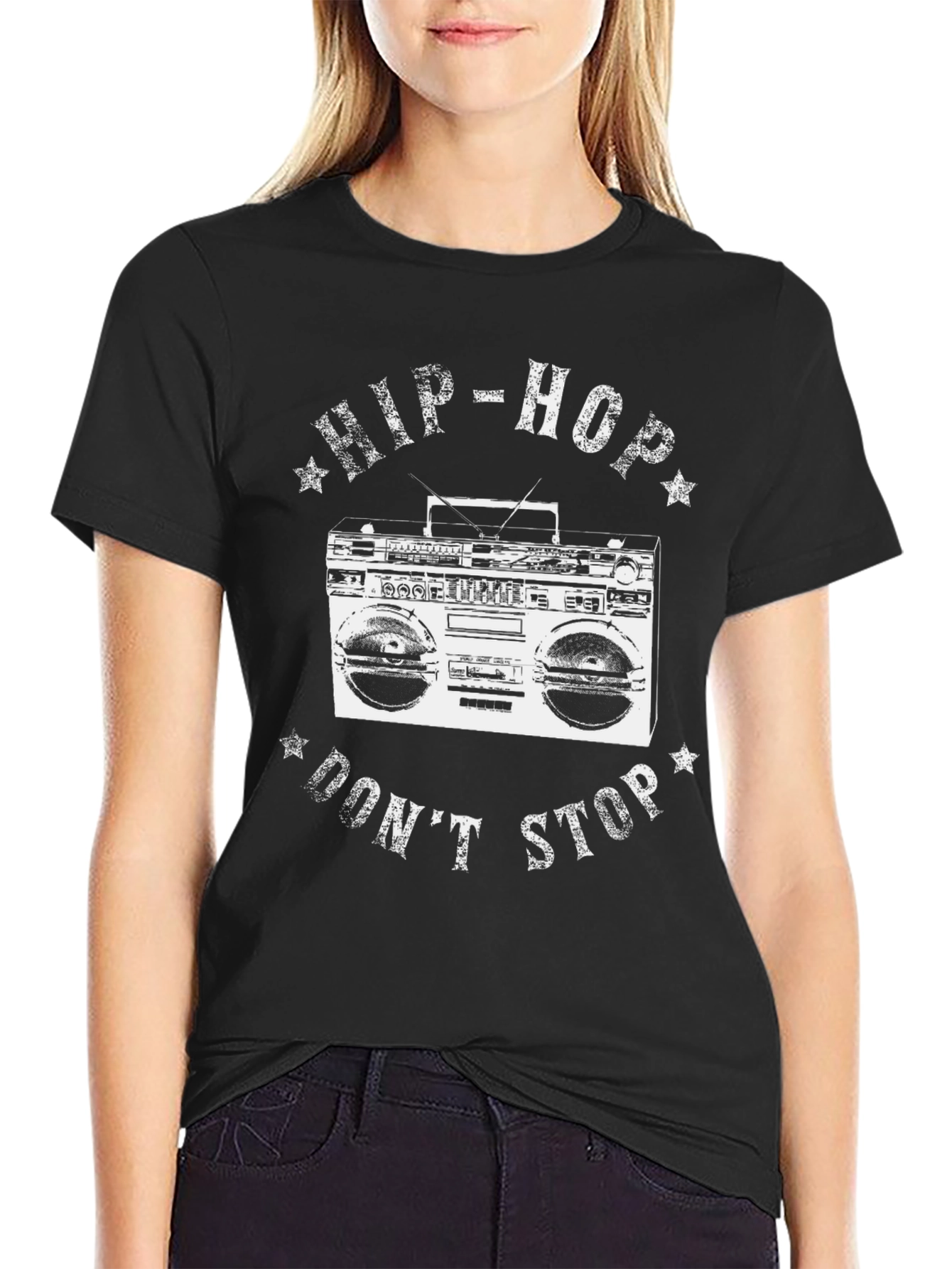 Hip-Hop Dont Stop Boombox Graphic Tee - Black