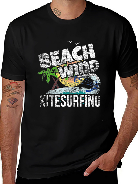 Beach Wind Kitesurfing Graphic Tee - Casual Black T-Shirt