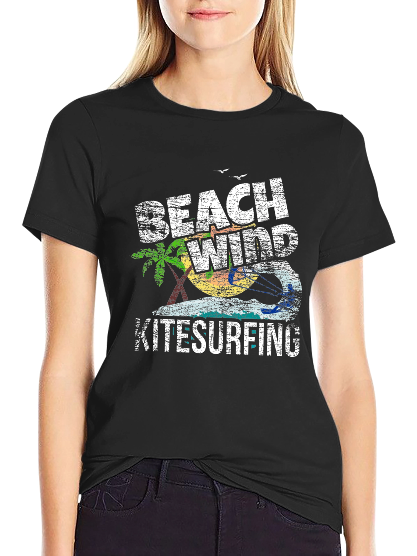 Beach Wind Kitesurfing Graphic Tee - Casual Black T-Shirt