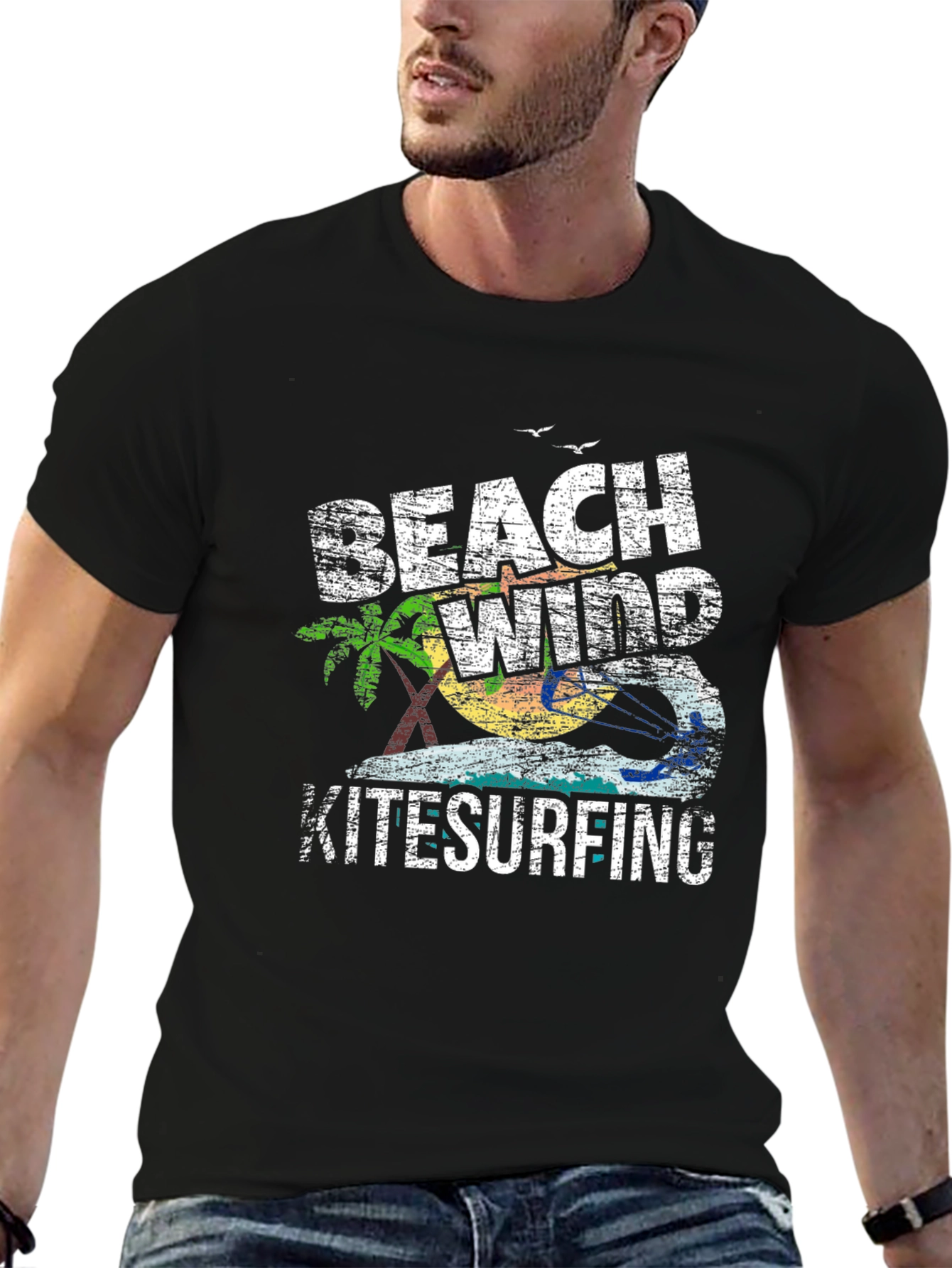 Beach Wind Kitesurfing Graphic Tee - Casual Black T-Shirt