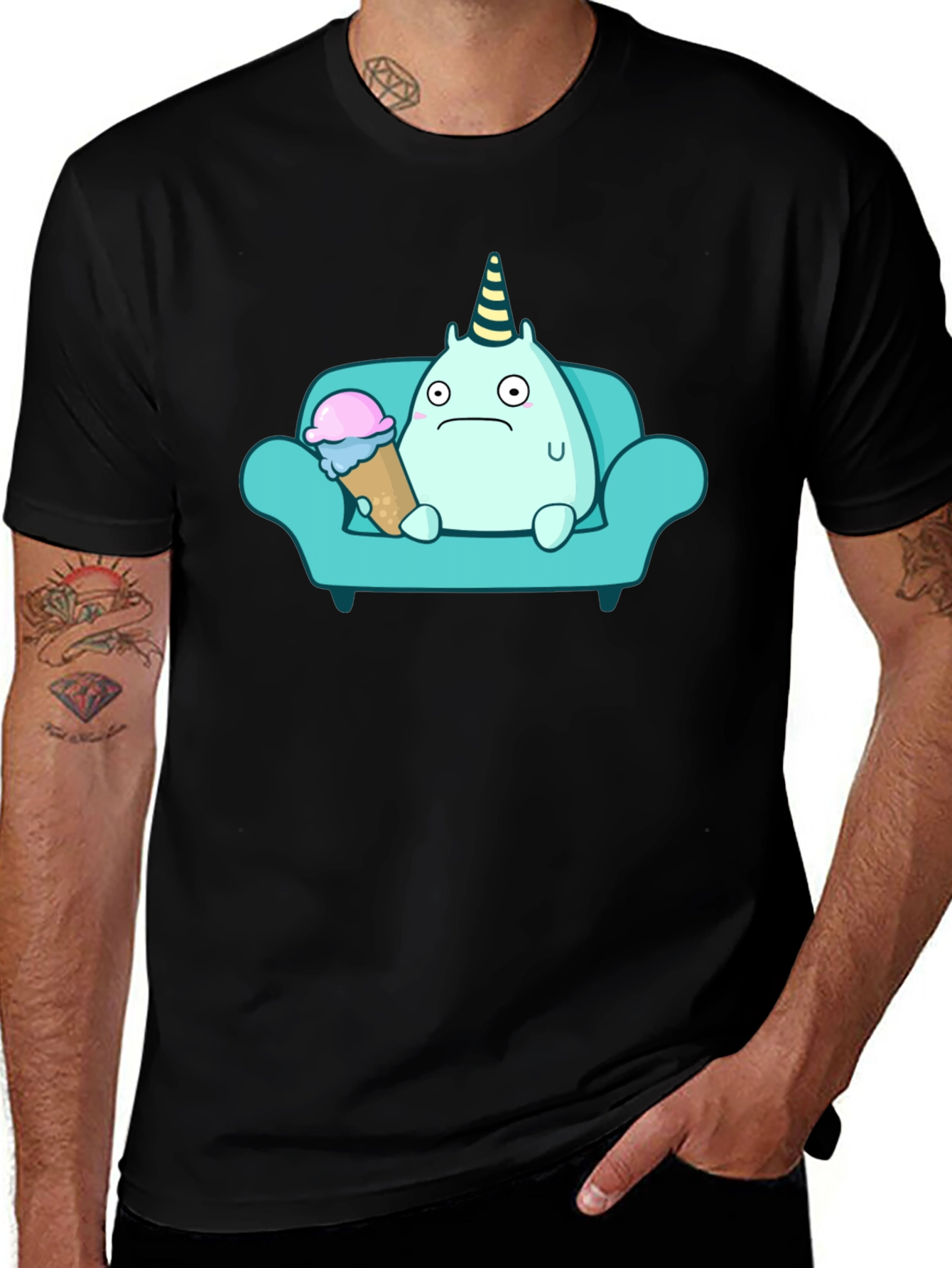 Sad Monster Eating Ice Cream on Couch T-Shirt