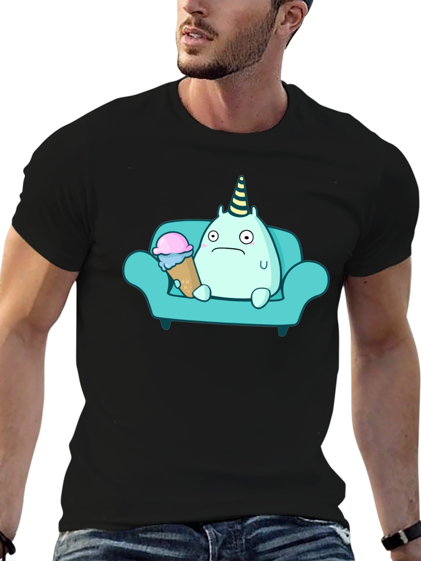 Sad Monster Eating Ice Cream on Couch T-Shirt