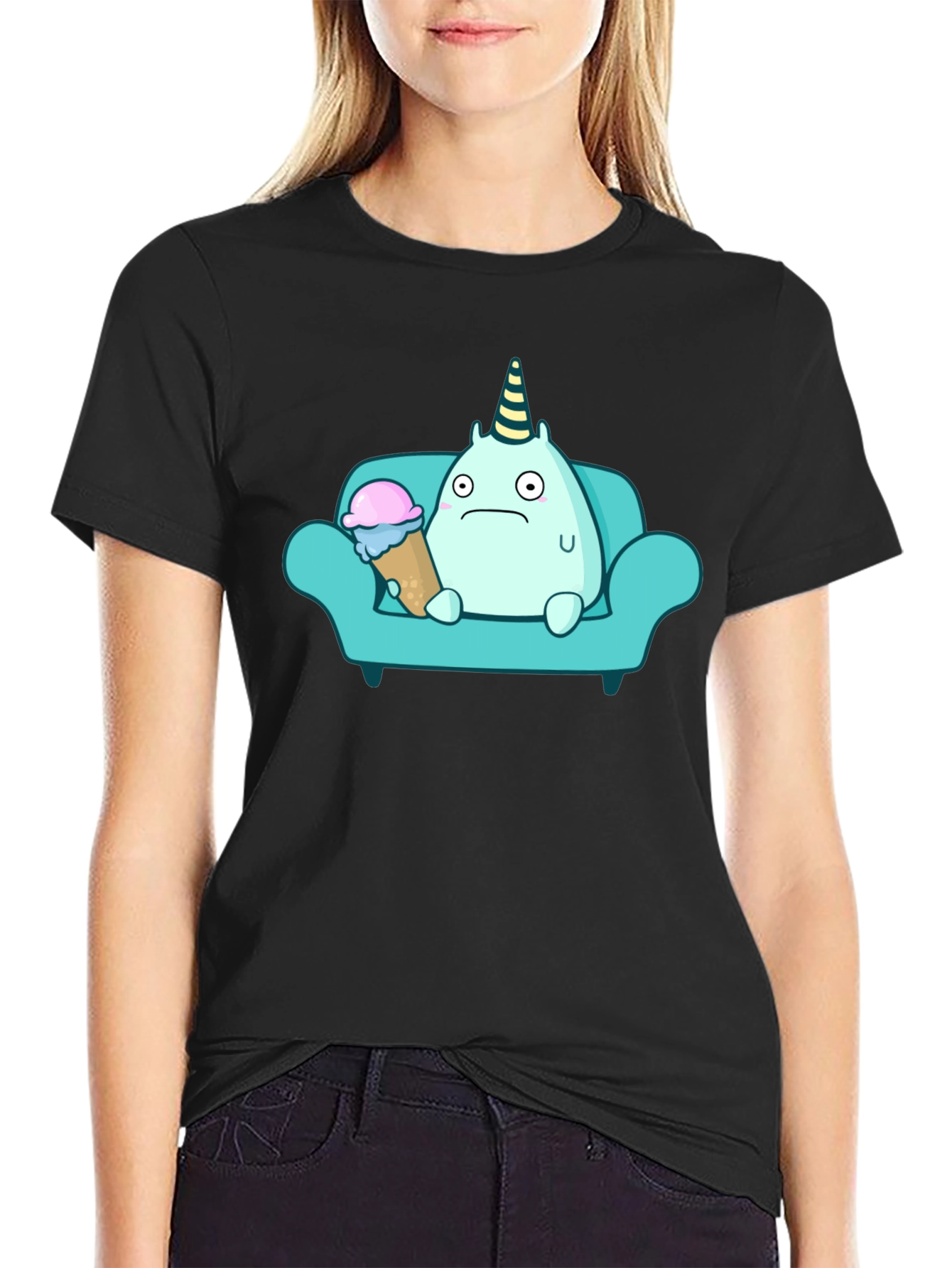 Sad Monster Eating Ice Cream on Couch T-Shirt