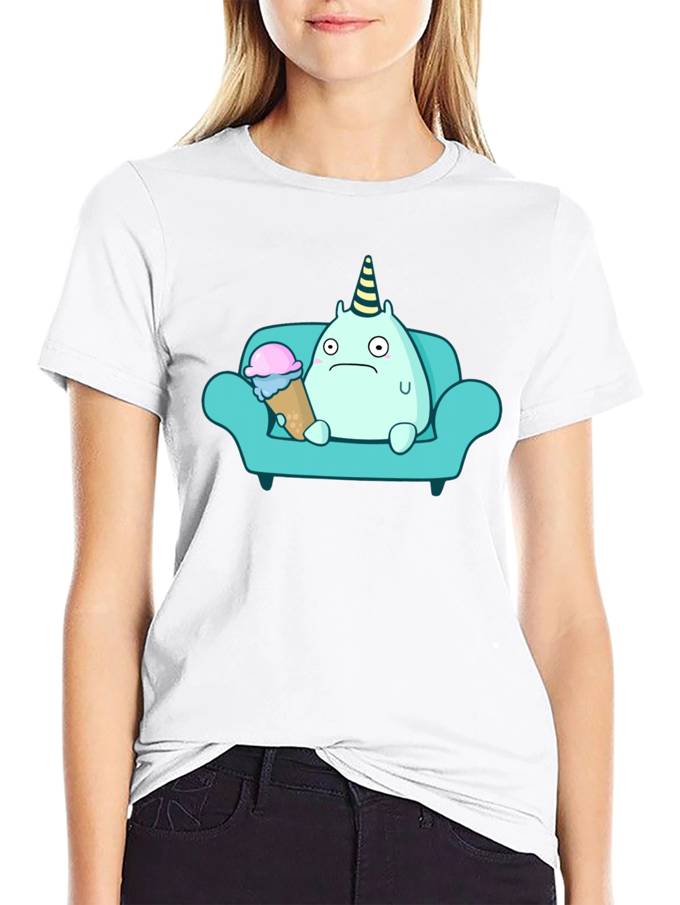 Sad Monster Eating Ice Cream on Couch T-Shirt