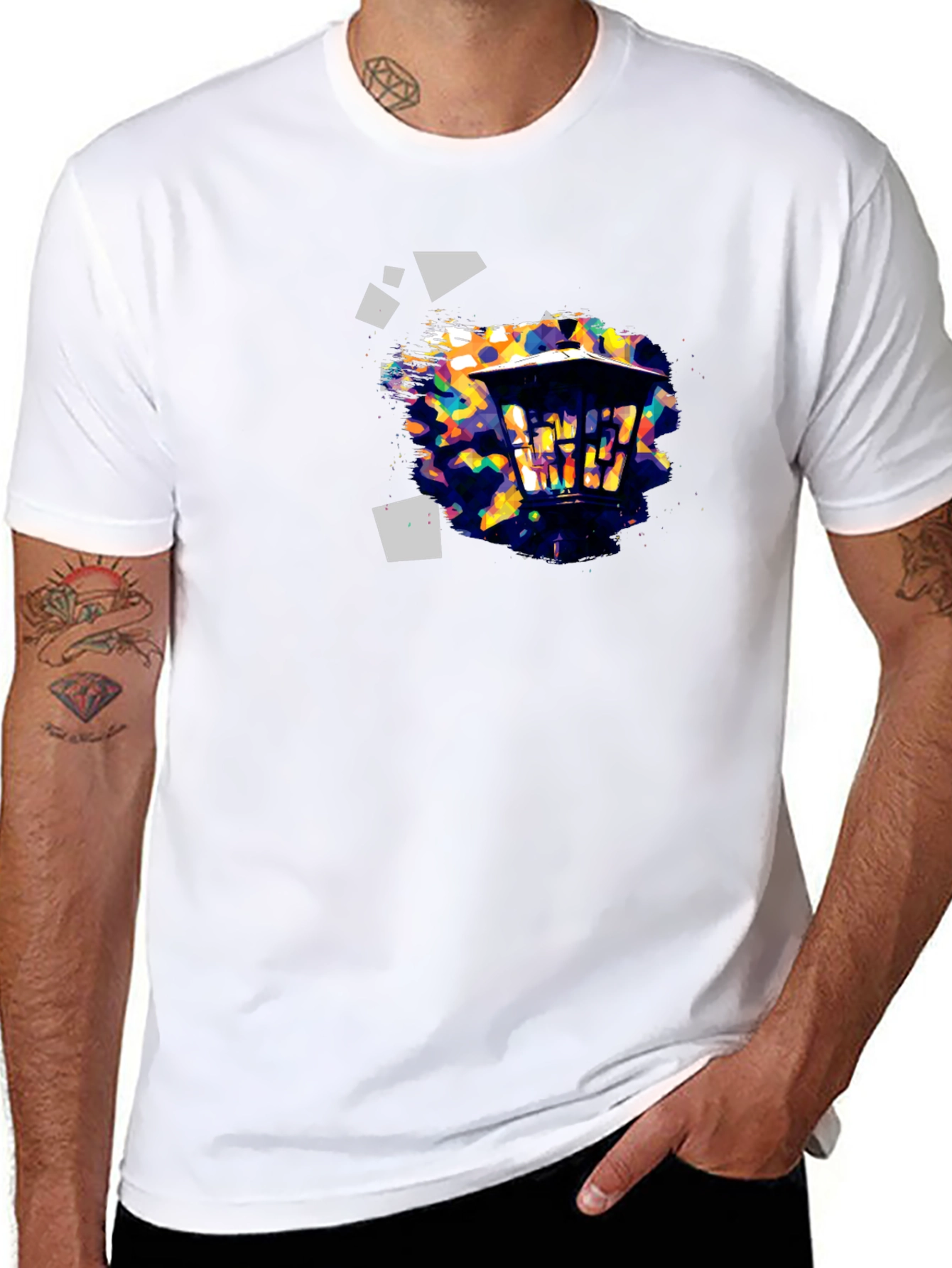 Abstract Geometric Lantern Print Black T-Shirt
