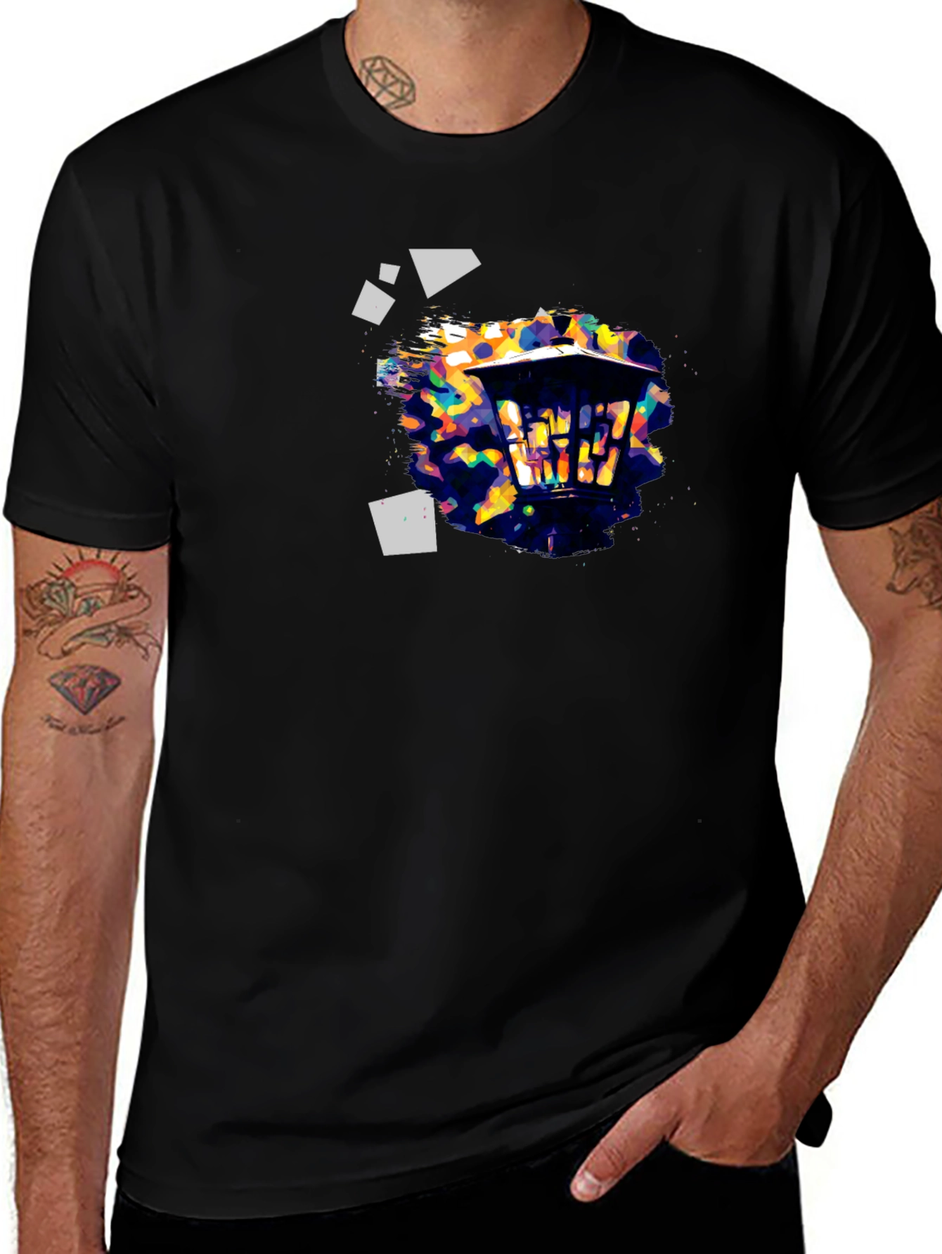 Abstract Geometric Lantern Print Black T-Shirt