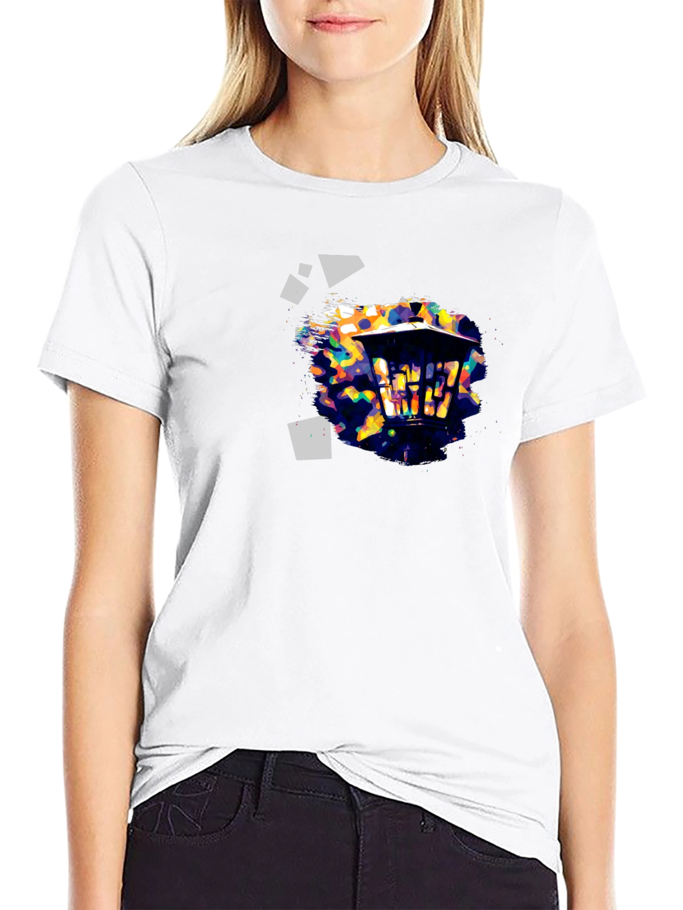 Abstract Geometric Lantern Print Black T-Shirt