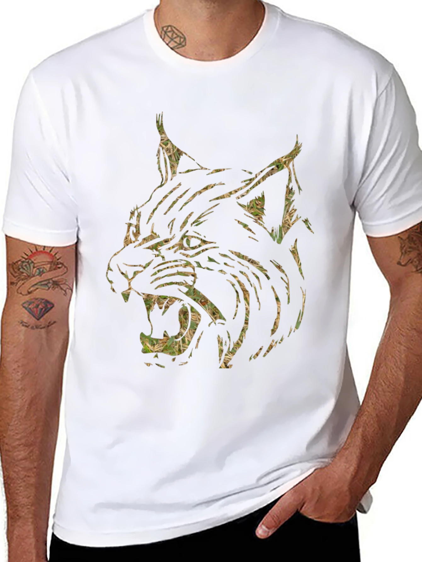Mens Black T-Shirt with Camo Lynx Graphic