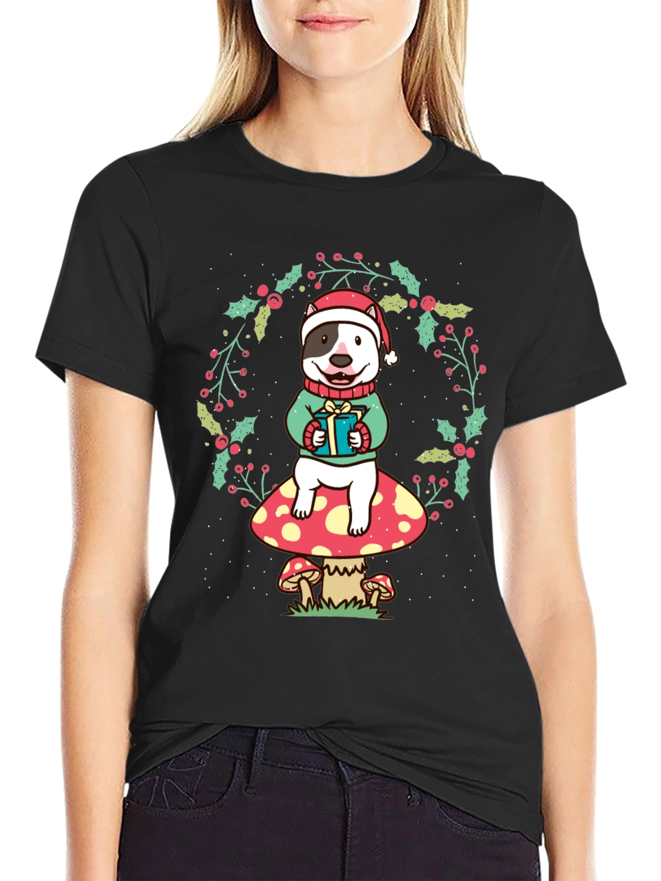 Festive Dog on Mushroom Christmas Tee