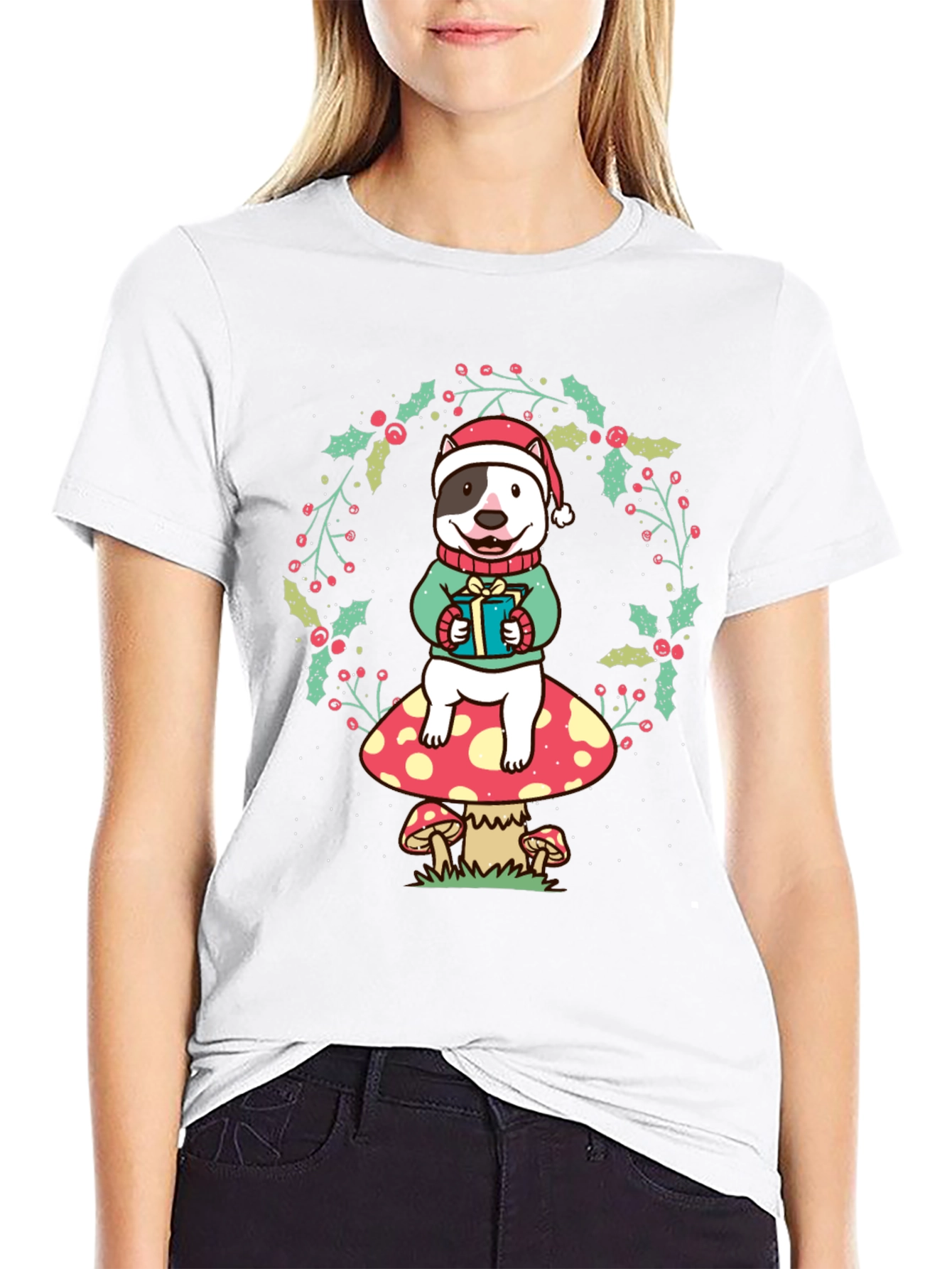 Festive Dog on Mushroom Christmas Tee