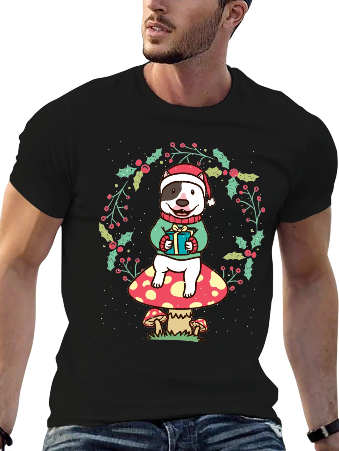 Festive Dog on Mushroom Christmas Tee