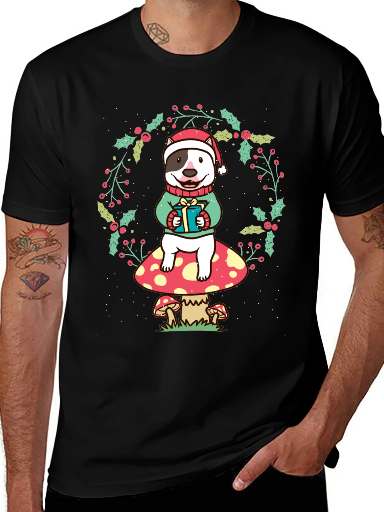 Festive Dog on Mushroom Christmas Tee