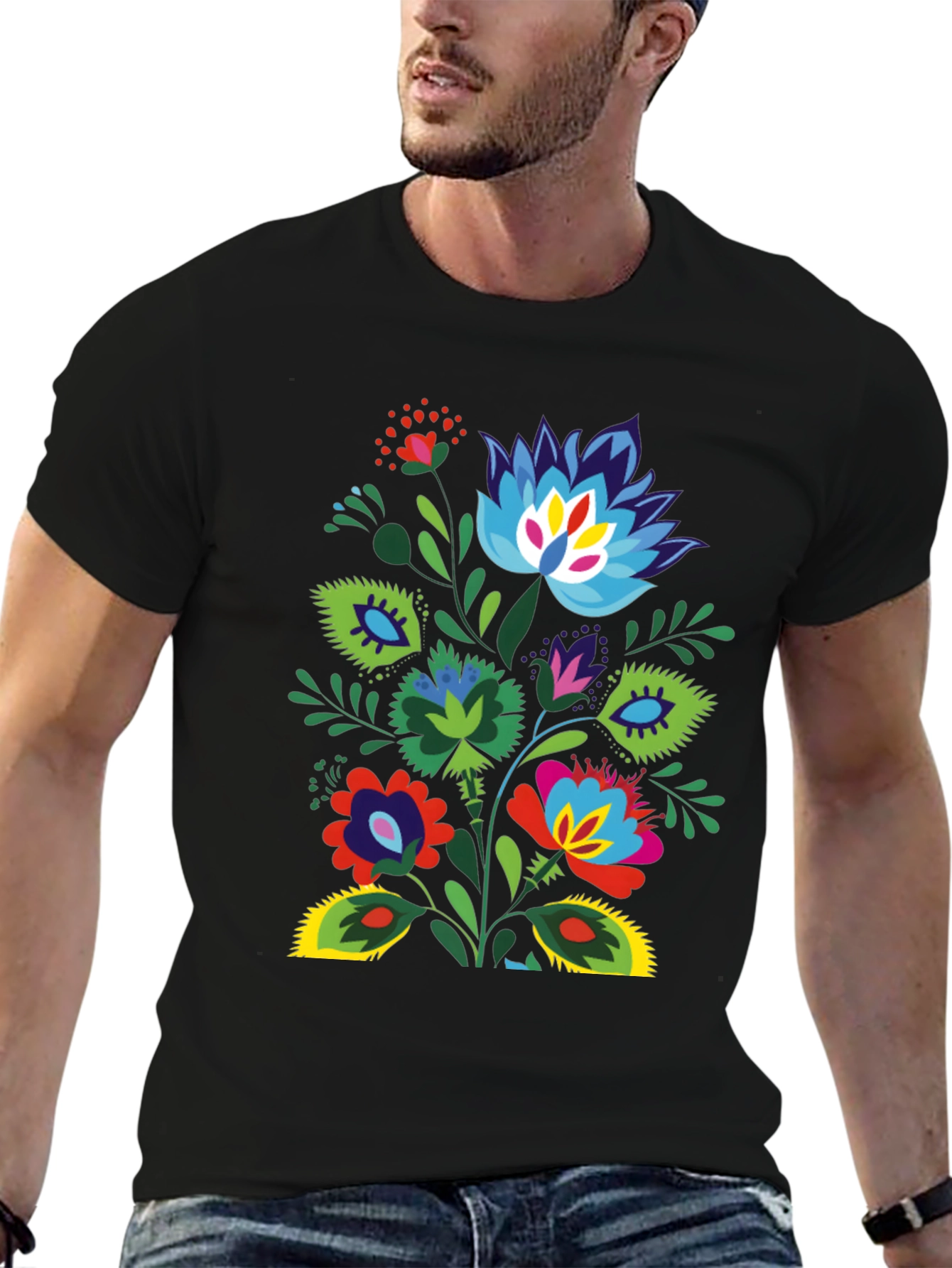 Floral Folk Art Black T-Shirt