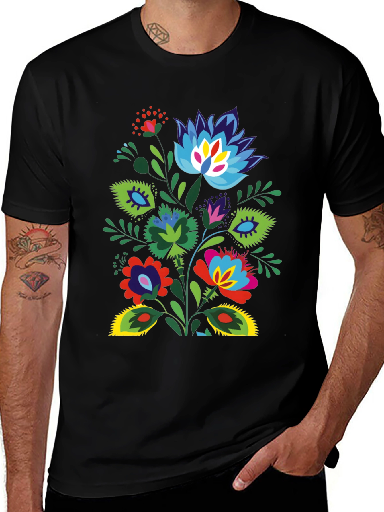 Floral Folk Art Black T-Shirt