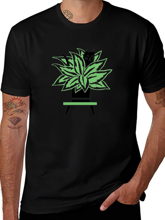 Cat in Plant Pot Graphic Tee - Black Unisex T-Shirt