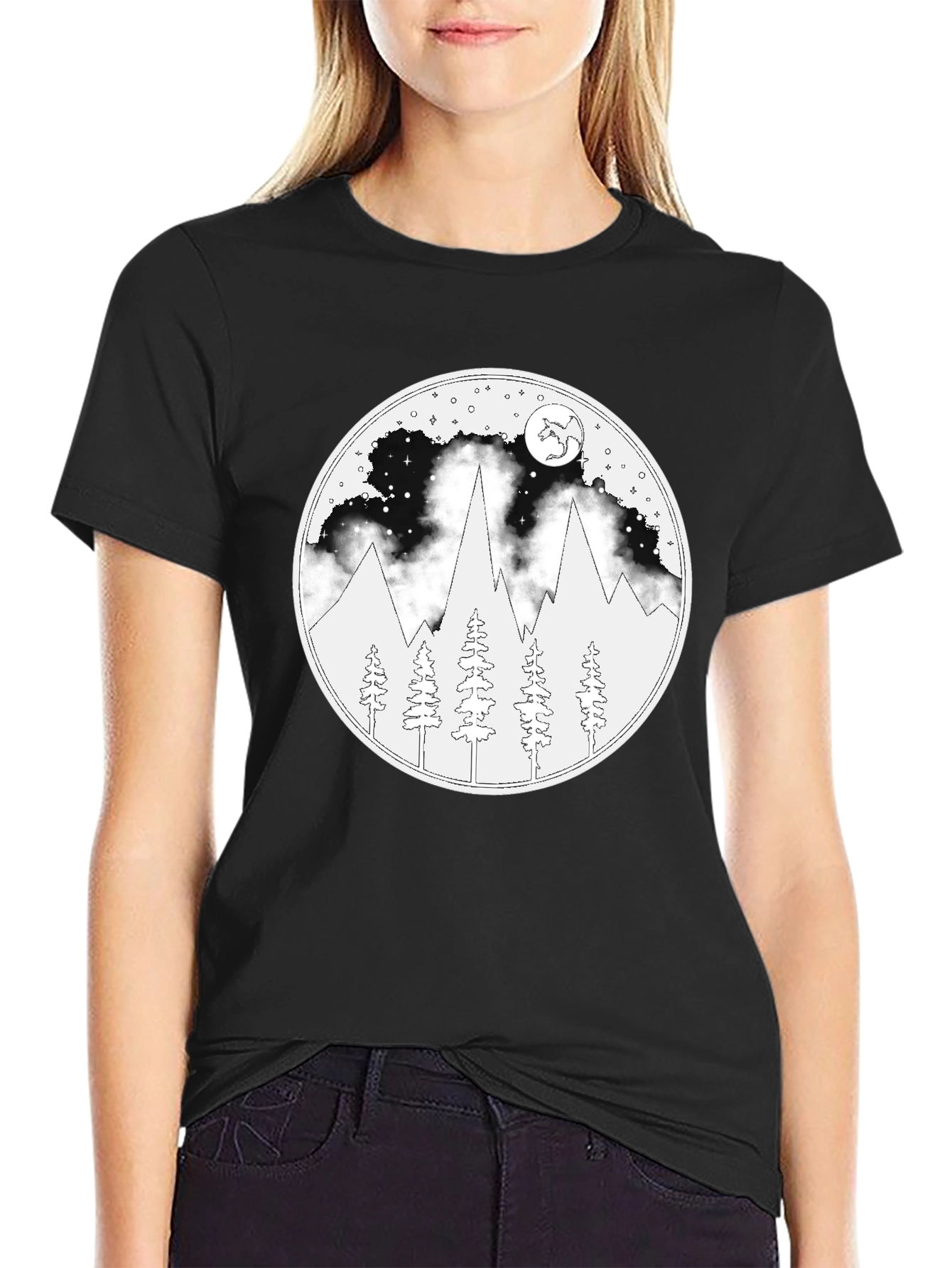 Night Mountain Scene Graphic T-Shirt