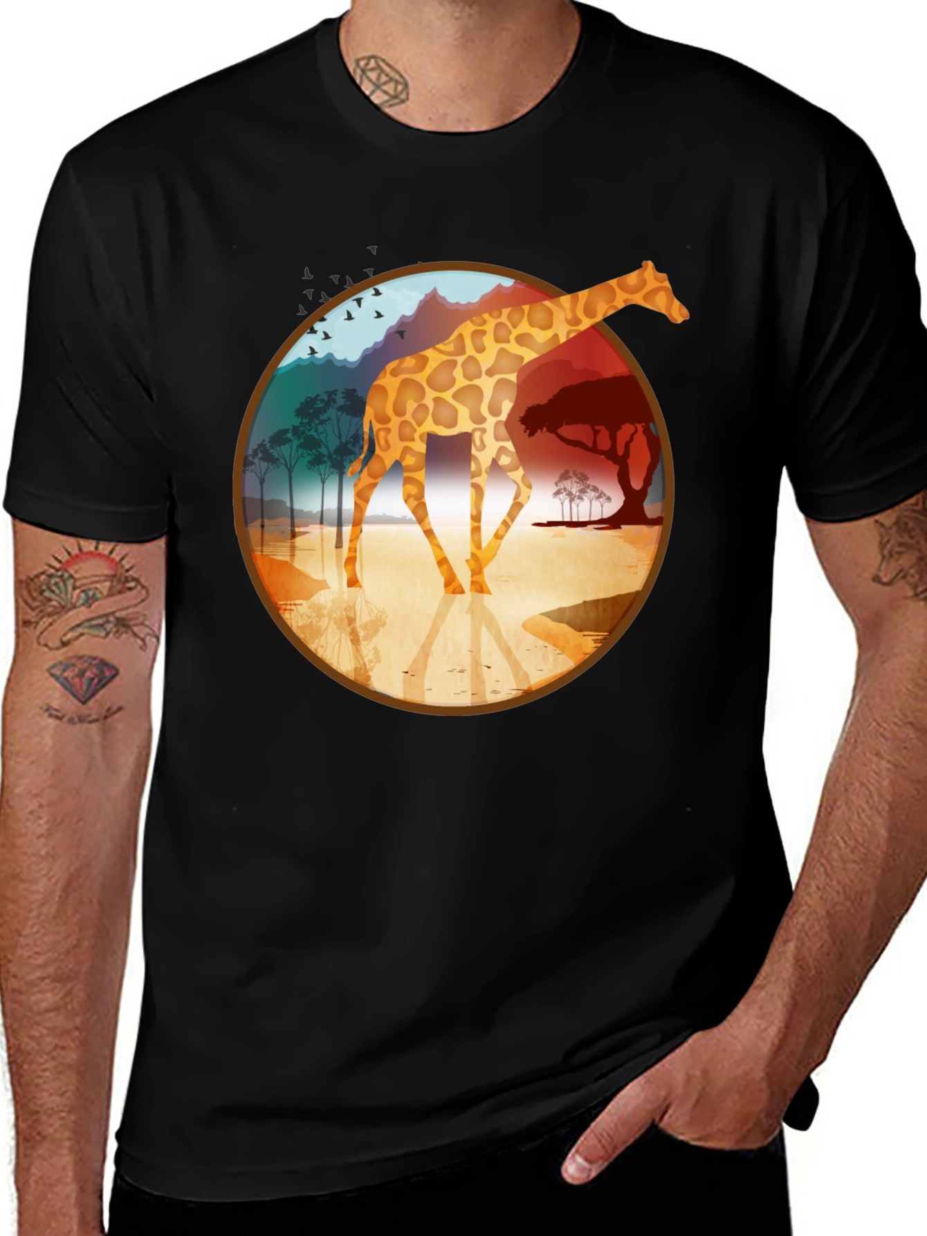 Giraffe Safari Graphic Tee - Black Cotton T-Shirt