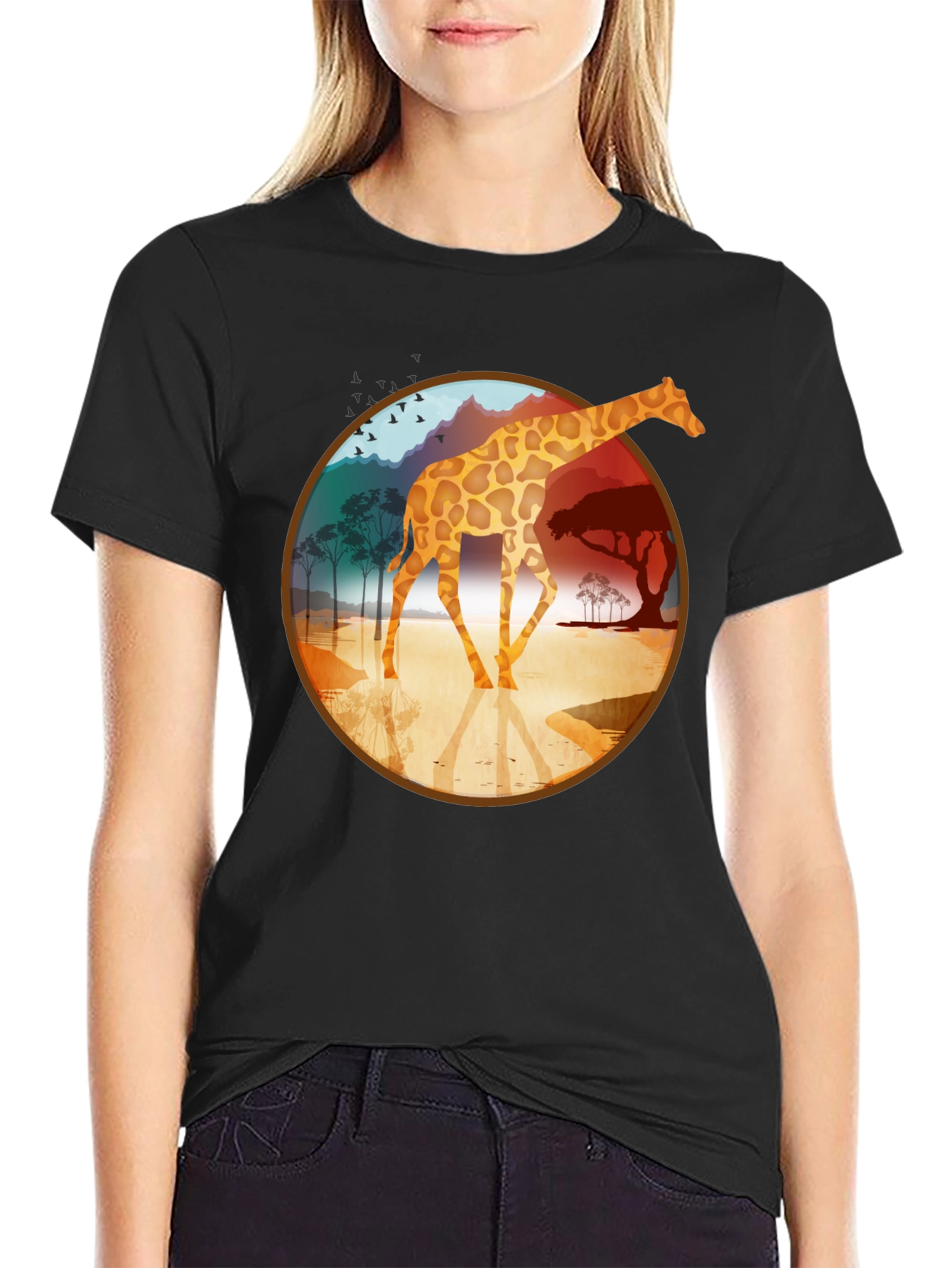 Giraffe Safari Graphic Tee - Black Cotton T-Shirt
