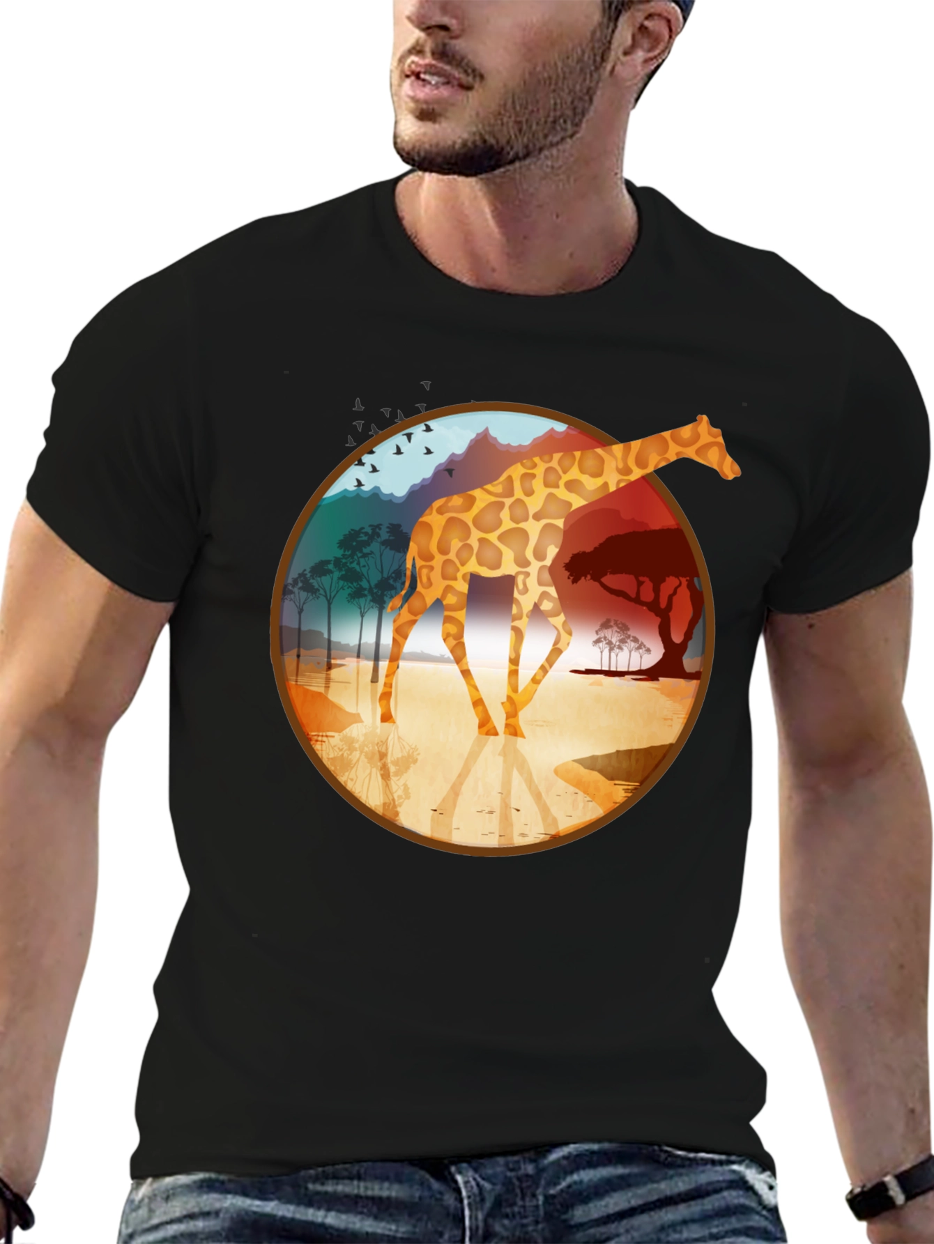 Giraffe Safari Graphic Tee - Black Cotton T-Shirt