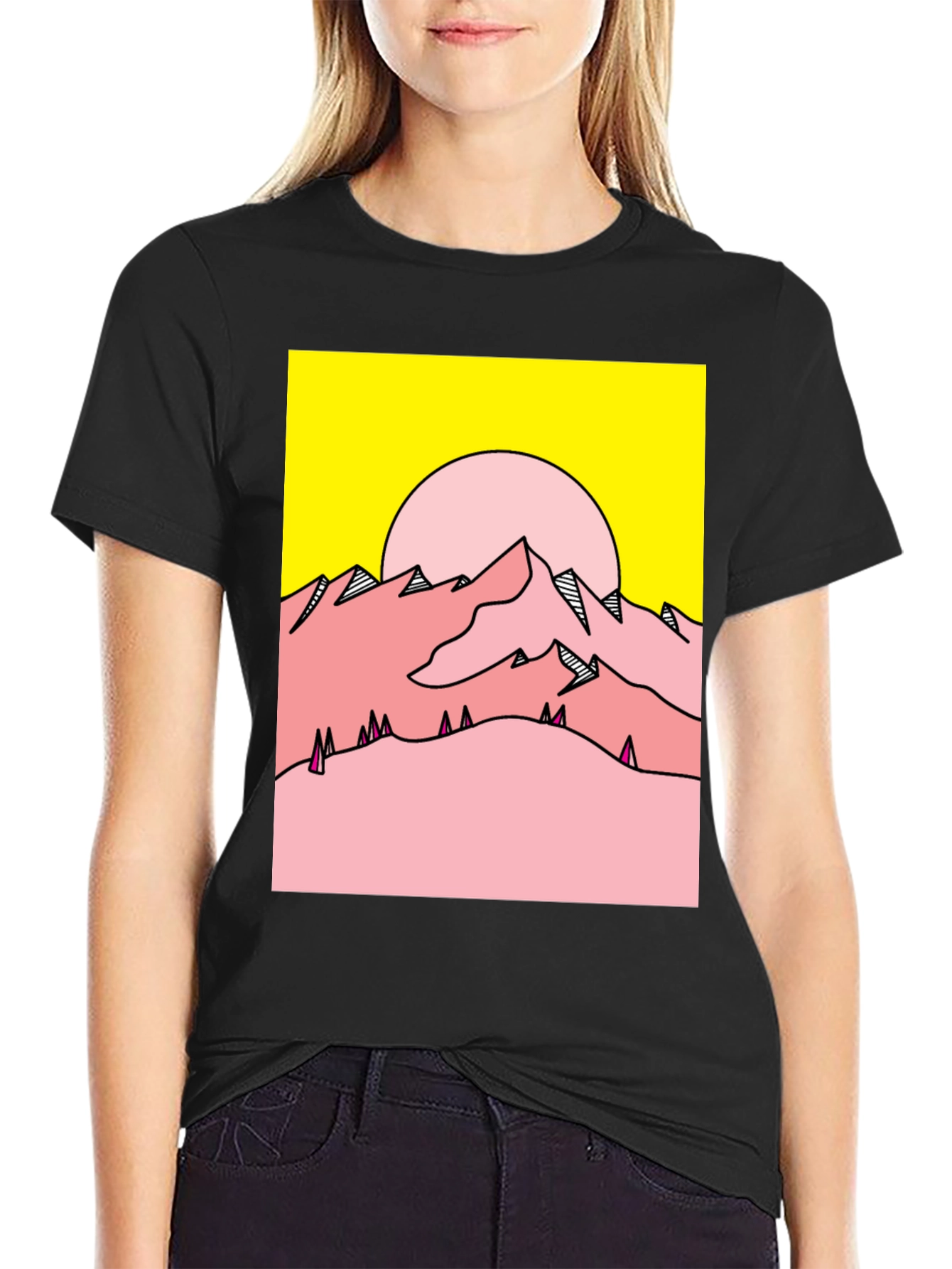 Retro Mountain Graphic Tee - Yellow & Pink