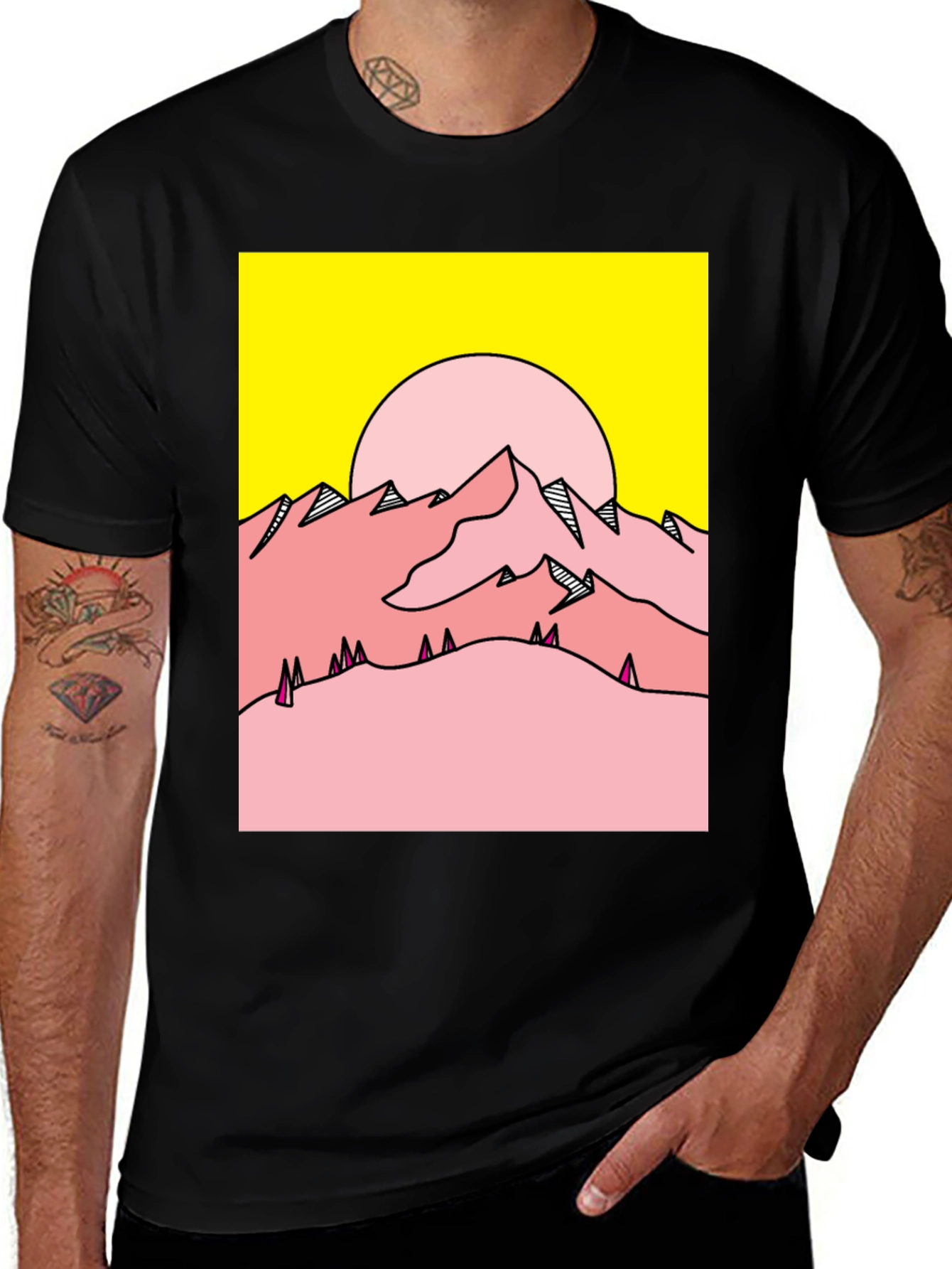 Retro Mountain Graphic Tee - Yellow & Pink