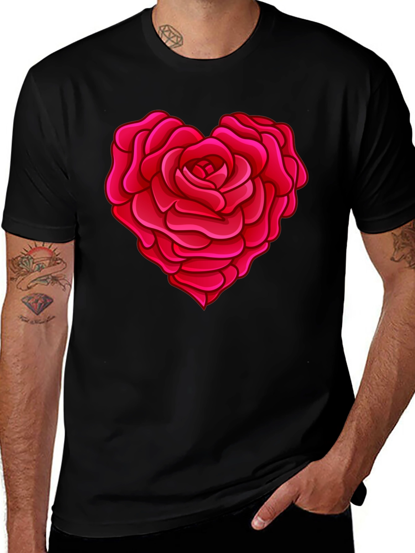 Rose Heart Graphic T-Shirt - Stylish Black Tee