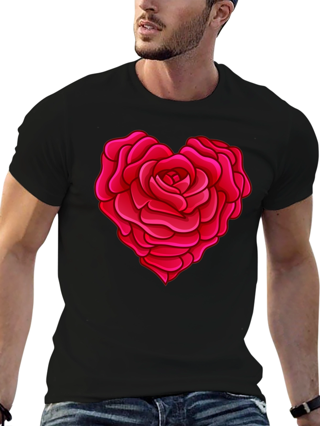 Rose Heart Graphic T-Shirt - Stylish Black Tee