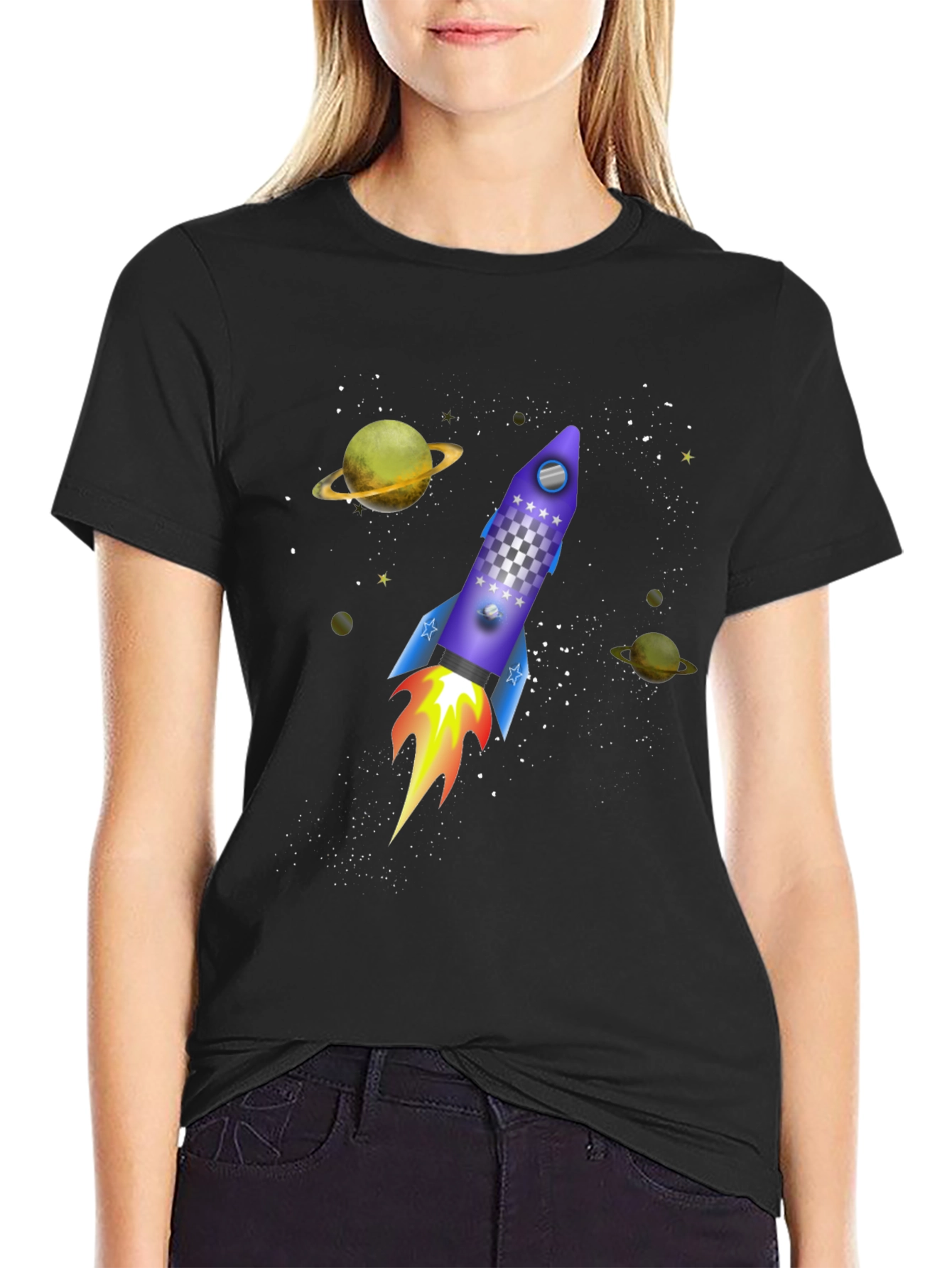Space Rocket Graphic Tee - Black Cotton T-Shirt