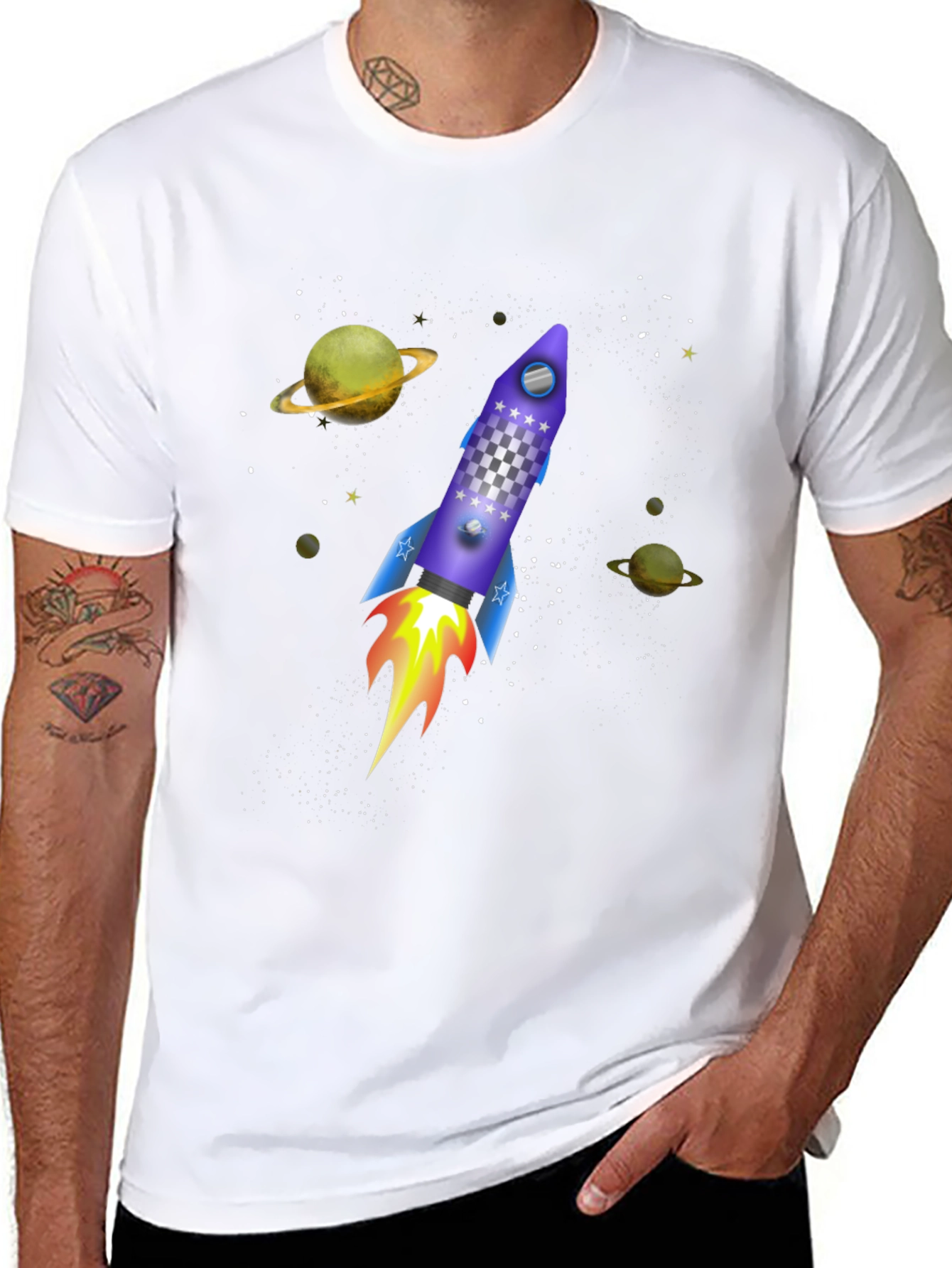 Space Rocket Graphic Tee - Black Cotton T-Shirt