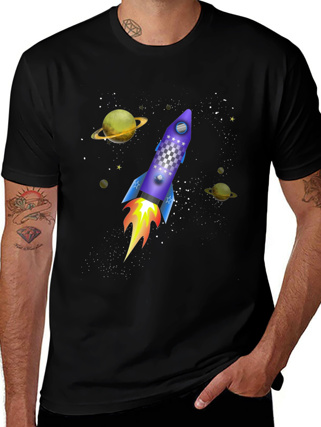 Space Rocket Graphic Tee - Black Cotton T-Shirt