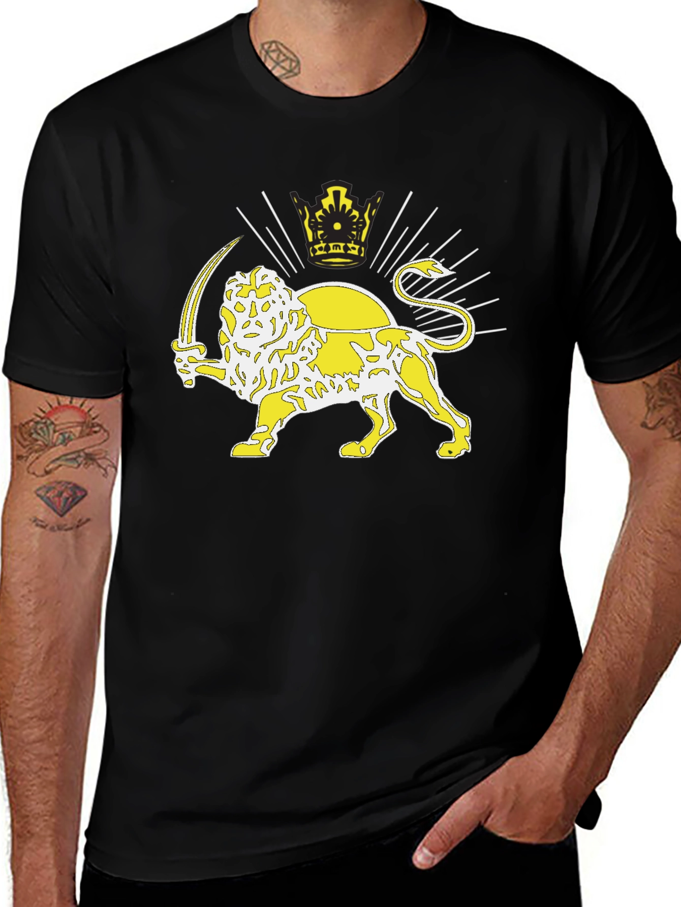 Lion and Sun T-Shirt - Black Crew Neck Tee