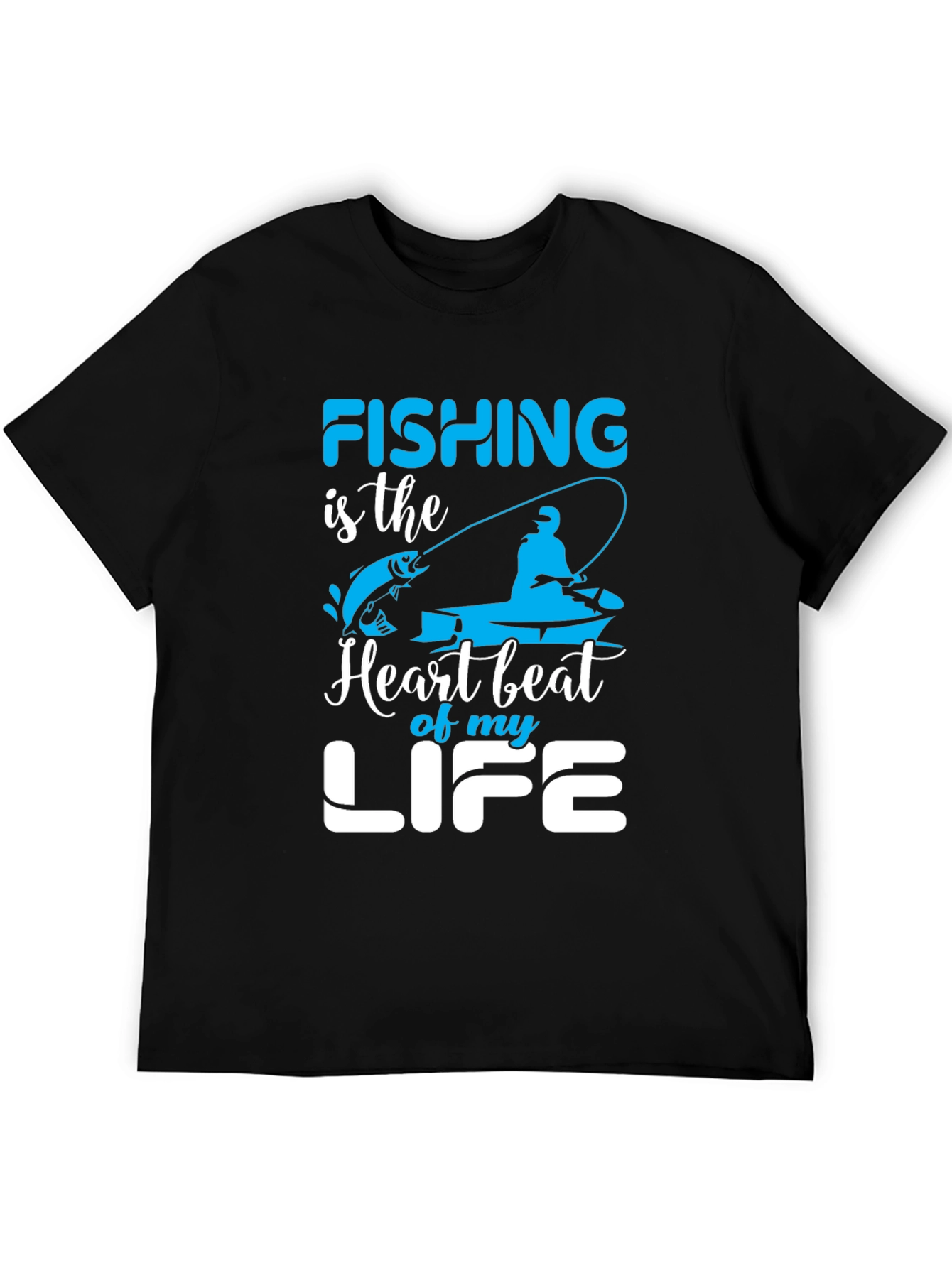 Fishing Heartbeat Life Graphic Black T-Shirt