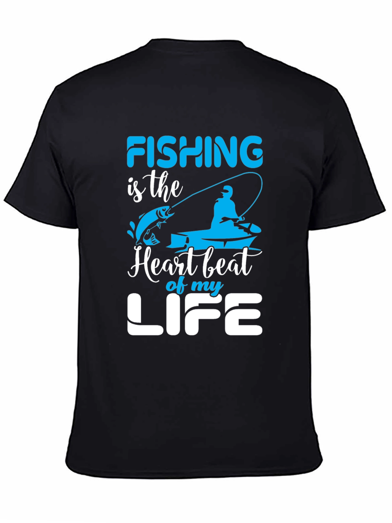 Fishing Heartbeat Life Graphic Black T-Shirt